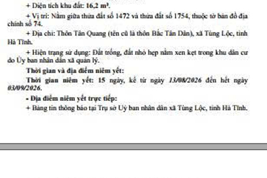 Thông báo về việc niêm yết công khai danh mục thửa đất nhỏ hẹp, xen kẹt tại thôn Tân Quang , xã Tùng Lộc  