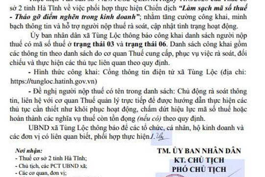 Thông báo về việc công khai danh sách người nộp thuế có mã số thuế ở trạng thái 03, trạng thái 06