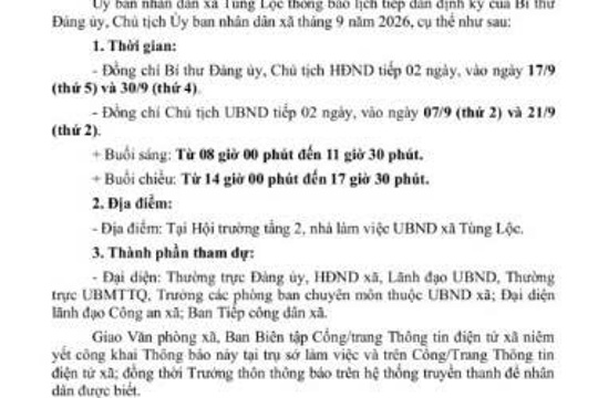 Lịch tiếp công dân định kỳ tháng 9 
