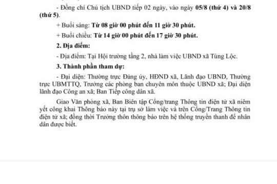 Thông báo lịch tiếp công dân định kỳ tháng 8