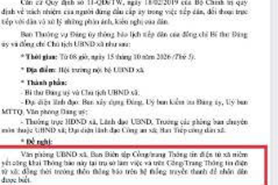 Thông báo lịch tiếp dân tháng 10/2026 